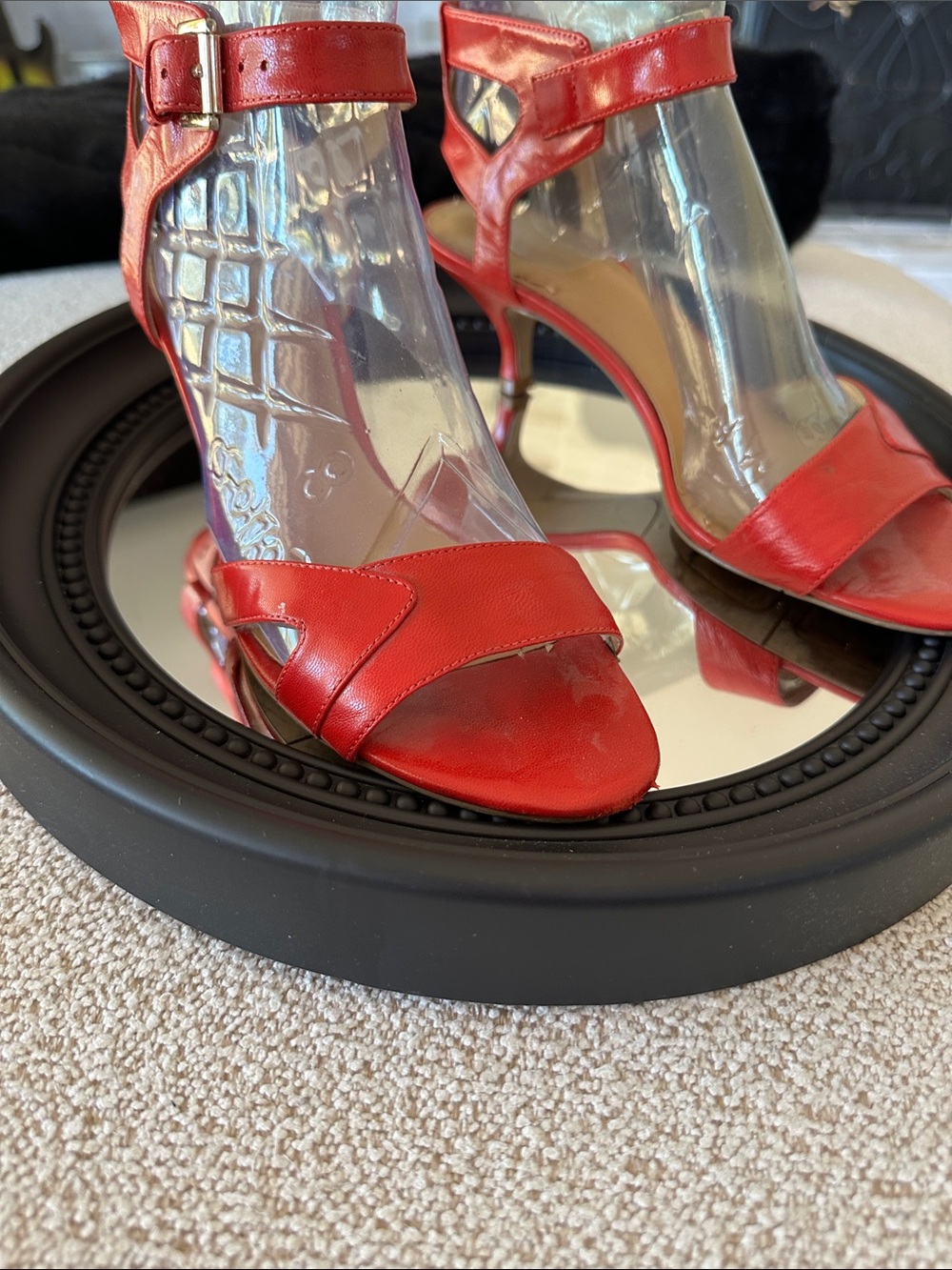Nine West Red Leather Open-Toe Ankle-Strap Heels